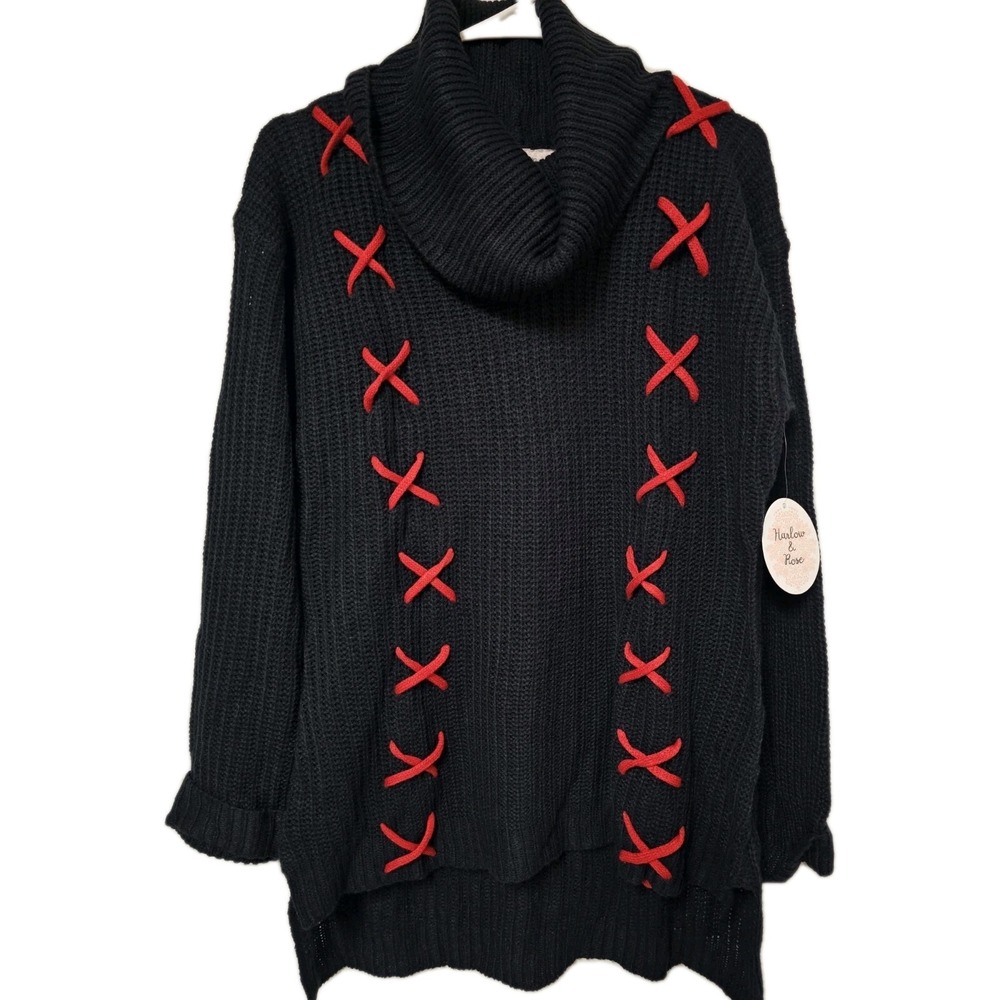 NWT Harlow & Rose Sweater Black Red Accent  Turtleneck Hi-low Hem Sz XL Woman's